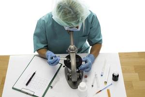 Scientist in blue medical gloves and uniform learning COVID-19 samples with microscope in laboratory. photo