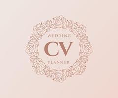 colección de logotipos de monograma de boda con letras iniciales cv, plantillas florales y minimalistas modernas dibujadas a mano para tarjetas de invitación, guardar la fecha, identidad elegante para restaurante, boutique, café en vector