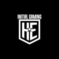 HE initial gaming logo with shield and star style design vector