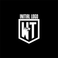 logotipo de juego inicial wt con diseño de escudo y estrella vector