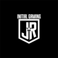 JR initial gaming logo with shield and star style design vector