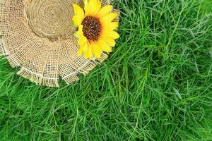 Burlap sun hat with sunflower on green grass or lawn. Summer, spring postcard. Copy space photo