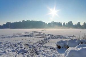 hermosa foto de invierno en un lago y un bosque con nieve y hielo.