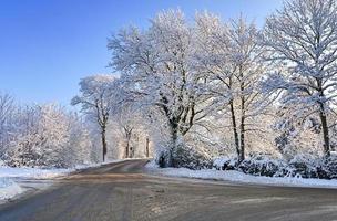 View of a snow-covered country road in winter with sunshine and blue sky. photo