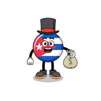 ilustración de mascota de bandera de cuba hombre rico sosteniendo un saco de dinero vector