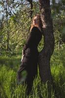 mujer joven en vestido negro apoyado contra el árbol fotografía escénica foto