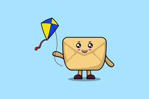 Cute cartoon Envelope character play kite flying vector