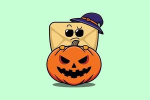 Cute Envelope cartoon character hiding in pumpkin vector