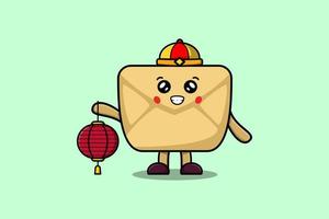 Cute cartoon Envelope chinese holding lantern vector