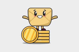 Cute cartoon Envelope stand in stacked gold coin vector