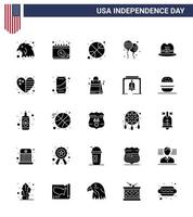 paquete de feliz día de la independencia de 25 signos y símbolos de glifos sólidos para elementos de diseño de vector de día de estados unidos editables de american hat ball american bloons