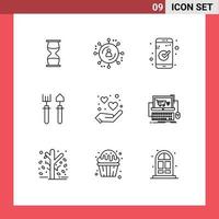 Modern Set of 9 Outlines and symbols such as heart rake marketing network gardener ui Editable Vector Design Elements