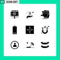 Set of 9 Vector Solid Glyphs on Grid for energy electric human battery virtual Editable Vector Design Elements