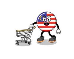 caricatura de la bandera de malasia sosteniendo un carrito de compras vector