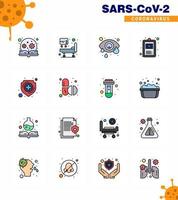 Covid19 Protection CoronaVirus Pendamic 16 Flat Color Filled Line icon set such as healthcare illness conjunctivitis hospital chart clinical record viral coronavirus 2019nov disease Vector Desig