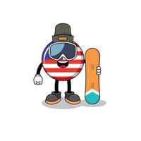 caricatura de la mascota del jugador de snowboard de la bandera de malasia vector