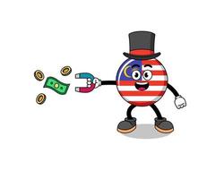 Character Illustration of malaysia flag catching money with a magnet vector