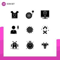 Set of 9 Vector Solid Glyphs on Grid for wheel gear contact user edit Editable Vector Design Elements