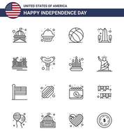 Happy Independence Day 4th July Set of 16 Lines American Pictograph of bridge usa football sight landmark Editable USA Day Vector Design Elements