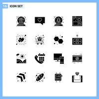 Pack of 16 Modern Solid Glyphs Signs and Symbols for Web Print Media such as heart bright christmas search browser Editable Vector Design Elements