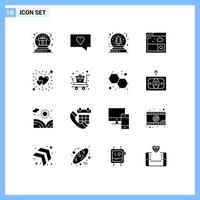 paquete de 16 signos y símbolos de glifos sólidos modernos para medios de impresión web, como elementos de diseño de vectores editables del navegador de búsqueda de Navidad brillante del corazón