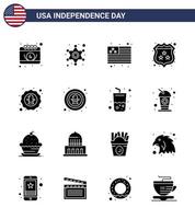 4th July USA Happy Independence Day Icon Symbols Group of 16 Modern Solid Glyphs of celebration american country police security Editable USA Day Vector Design Elements