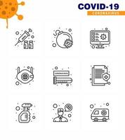 Coronavirus Precaution Tips icon for healthcare guidelines presentation 9 Line icon pack such as blood safety screening medical face viral coronavirus 2019nov disease Vector Design Elements