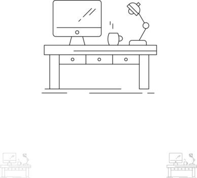 Workplace Business Computer Desk Lamp Office Table Bold and thin black line icon set vector