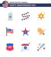 Happy Independence Day 4th July Set of 9 Flats American Pictograph of star men police usa flag Editable USA Day Vector Design Elements