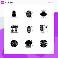 Set of 9 Commercial Solid Glyphs pack for boxing bag coffee machine infrastructure coffee eye Editable Vector Design Elements