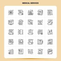 esquema 25 conjunto de iconos de servicios médicos diseño de estilo de línea vectorial conjunto de iconos negros paquete de pictogramas lineales diseño de ideas de negocios web y móviles ilustración vectorial vector