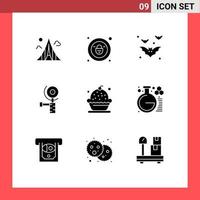 Pack of 9 Modern Solid Glyphs Signs and Symbols for Web Print Media such as creamy baking bat grinding construction Editable Vector Design Elements