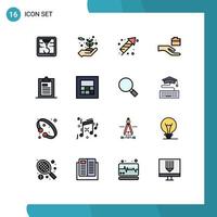 Mobile Interface Flat Color Filled Line Set of 16 Pictograms of page document celebration clipboard hand Editable Creative Vector Design Elements