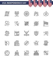 Big Pack of 25 USA Happy Independence Day USA Vector Lines and Editable Symbols of american wine glass television wine medal Editable USA Day Vector Design Elements