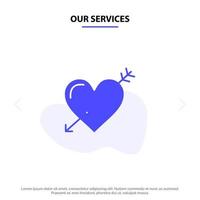 nuestros servicios corazón flecha vacaciones amor san valentín glifo sólido icono plantilla de tarjeta web vector