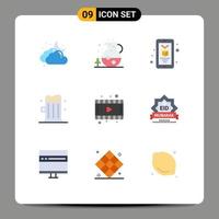 Pack of 9 Modern Flat Colors Signs and Symbols for Web Print Media such as eid movie mobile film drink Editable Vector Design Elements