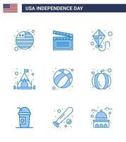 Group of 9 Blues Set for Independence day of United States of America such as american football summer ball tent Editable USA Day Vector Design Elements