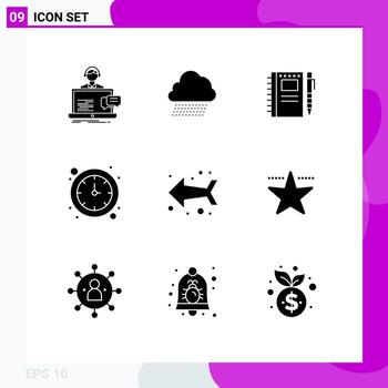9 conjunto de glifos sólidos universales para aplicaciones web y móviles flecha tiempo resorte reloj lápiz elementos de diseño vectorial editables vector