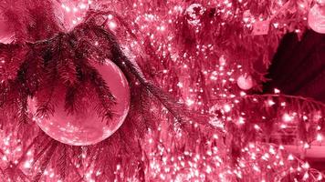 Closeup branches of coniferous tree decorated with glittering balls and shiny light garland on Christmas day at home. Color Of The Year 2023 - Viva Magenta photo