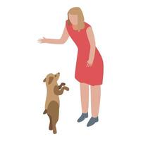 Woman take puppy dog icon, isometric style vector