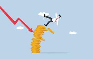 Savings decrease in value due to inflation, losing money from investment or capital accumulation concept, Downward graph attack cause businessman falling from collapsed coin stack. vector