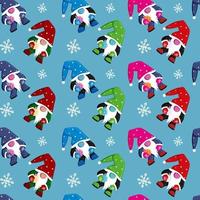 Christmas gnomes seamless pattern in pop art colors on light blue color. Vector illustration in flat style. Perfect for textile prints, kids design, decor, wrapping.