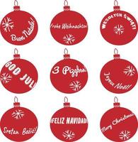 juego de bolas rojas de feliz navidad hecho de letras en inglés, alemán, francés, italiano, español, sueco, polaco, ucraniano, croata. colección vectorial aislada de objetos vector