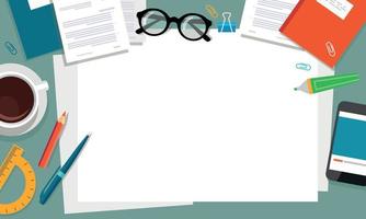 Top view of desktop background, phone, documents, coffee, folder, planner, glasses, paper, stationery. Workplace for business, study. Vector illustration.
