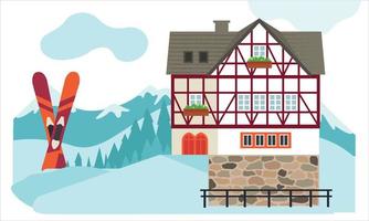 Winter House in a cozy snowy panorama. Winter village landscape with skis.  Winter Christmas landscape. Vector flat illustration.