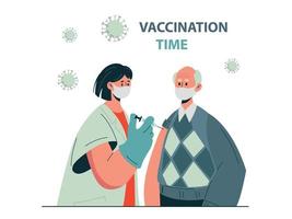 Doctor gives the old man an injection of the flu vaccine.  Vector concept of vaccination of the elderly.