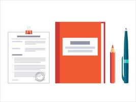 Contract papers. Document with approval stamp. Folder with pen and pencil. Business Vector icons on isolated background. Stack of agreements document.