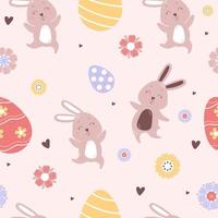 Seamless Easter pattern. Happy Cute Easter bunnies on a light background with Easter eggs and flowers. Vector illustration. For easter design, decor, print, packaging and wallpaper