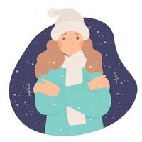 Unhappy girl freezing wearing and shivering under snow. Cartoon flat vector illustration. Winter season and suffering of low minus degrees temperature.