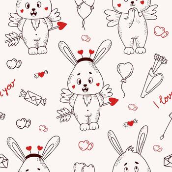 Seamless pattern with cute rabbit cupid with wings and an arrow with a heart on a white background with love letters and balloons. Vector illustration in hand drawn linear doodle for design and decor